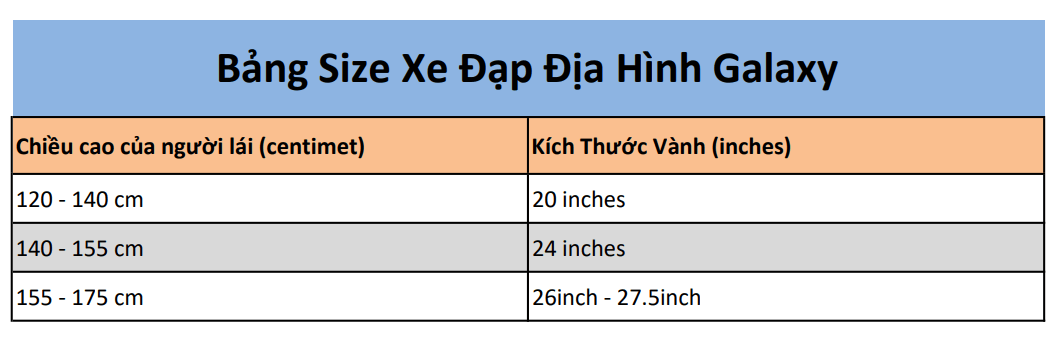Bảng kích thước sản phẩm Xe Đạp Galaxy CT20 2022