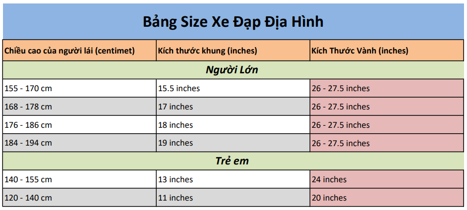 Bảng kích thước sản phẩm Xe Đạp Địa Hình MTB Dook Khung Nhôm 26inch