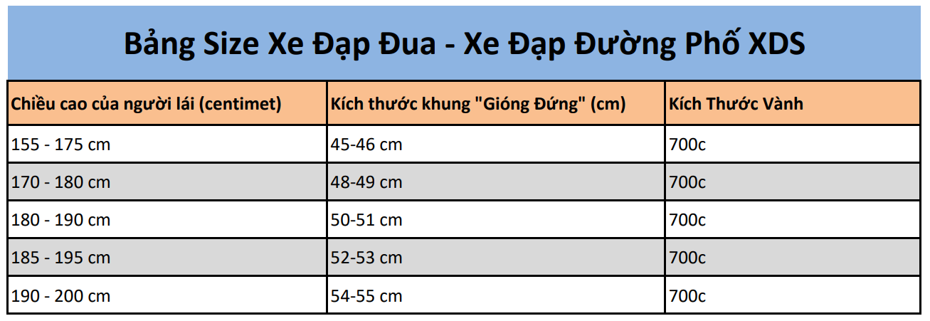 Bảng kích thước sản phẩm Xe Đạp XdS HiSpeed 600 Pro 2023