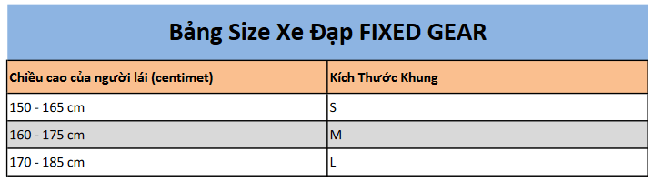 Bảng kích thước sản phẩm Xe Đạp Fixed Gear Magicbros CX6