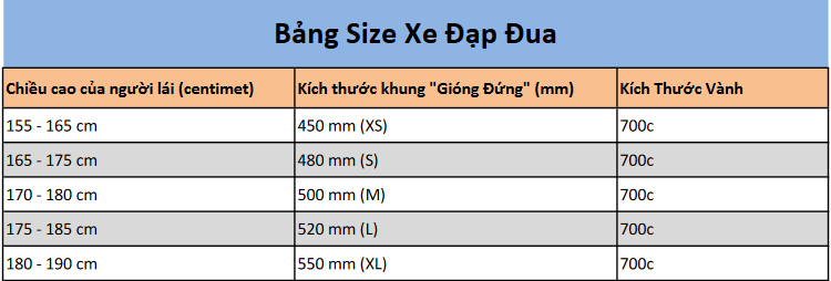 Bảng kích thước sản phẩm Xe Đạp Đua Bianchi Via Nirone 7 (Shimano Claris)